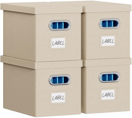 FHSQX 4Pack File Box with Lid, Beige, 14 x 9.3 x 10.9 in | File Organizer Box, Portable Hanging File Box, Decorative Filing Storage Boxes, For Office & Home File Cabinet