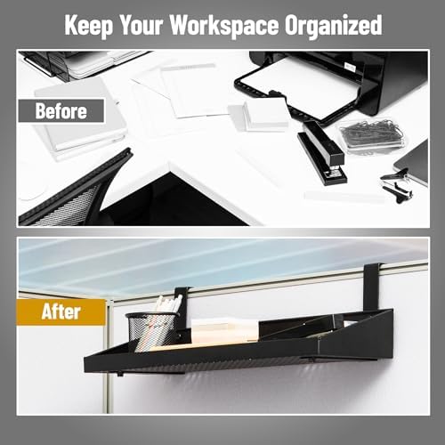 Mind Reader Hanging Cubicle Shelf, Metal Storage Organizer for Cubicle Walls up to 2 Inches Thick, 20.25" x 7", Black