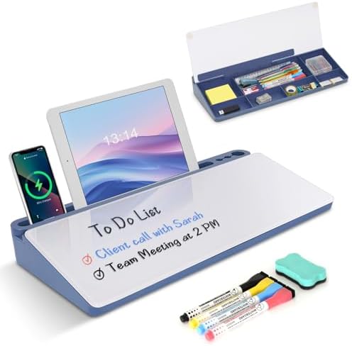 Desktop Glass Whiteboard with Storage, Desk Dry Erase White Board Blue