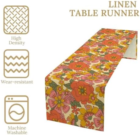 Retro 70s Floral Table Runner Hippie Daisy Flower Peace Love Birthday Party Retro Kitchen Dinning Home Decoration 13x108 Inch