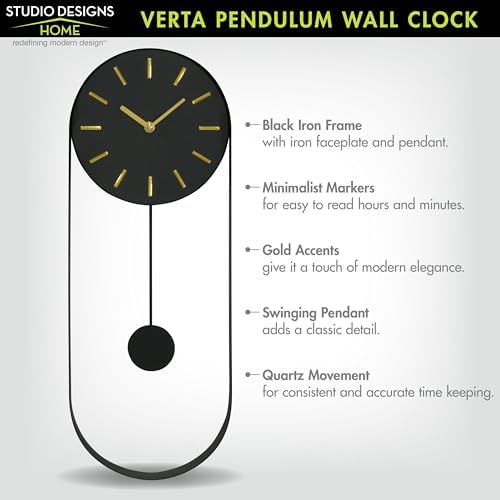 VERTA Modern Pendulum Wall Clock, Minimalist Black Iron Wall Clock with Gold Accents, Quartz Movement, Swinging Pendulum, 21.75″ Tall