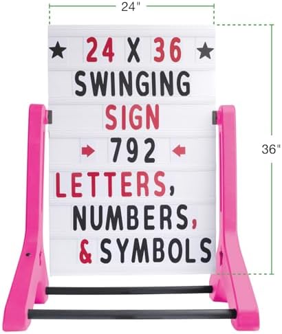 Swinging Changeable Message Sidewalk Sign 24″ x 36″ – Outdoor Advertising Sign Board with 792 Pre-Cut Double-Sided Letters & Storage Box – Heavy-Duty, Rust-Resistant Sidewalk Display for Businesses & Events (Pink Legs)