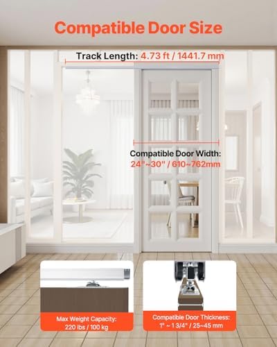 VEVOR Sliding Pocket Door Hardware Track Kit, 4.73 ft Heavy Duty Pocket Door Hardware Kit, Commercial Grade Pocket Door Hardware and Track Set for 24"-30" Wide Single Door
