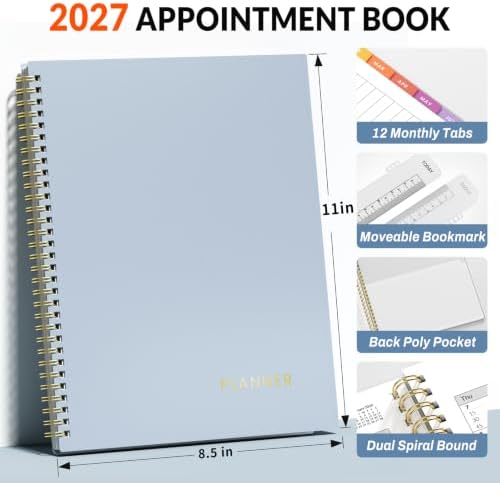 SUNEE 2027 Appointment Book, Quarter-Hourly, Weekly Monthly Planner, 8.5"x11",Grey Blue