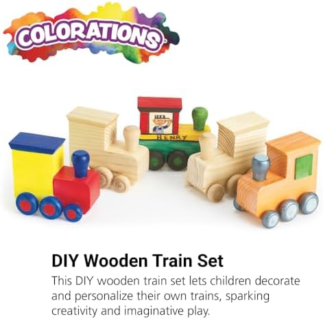 Colorations® Decorate Your Own Wooden Trains, Set of 12, Craft for Kids & Fun Home Activities, Create Unique & Personal Designs, Fun Kids Craft Project, Craft Project for Boys & Girls, Craft & Enjoy! | Kids' Craft for Home Activities, Create Personaliz...