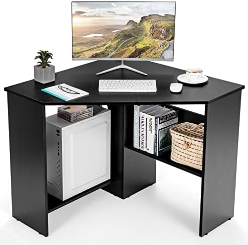 COSTWAY Corner Computer Desk, Space-Saving Triangular Writing Desk w/ 2 Storage Shelves & 2 Cable Holes, Multi-Functional Console Table for Small Space in Home Office, Living Room, Bedroom (Black)