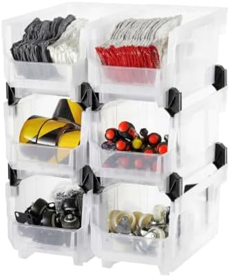 VEVOR Plastic Stackable Storage Bins, 14.8 x 8.5 x 7.1 inch (6 Pack), Plastic Containers for Organizing & Storage Bins for Closet, Garage, Small Parts, Office Supplies, Other Accessories, Transparent