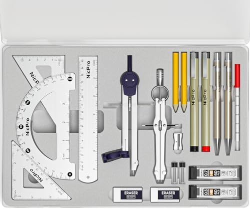 Nicpro 20PCS Professional Geometry Set Drafting Tool Protractor Compass