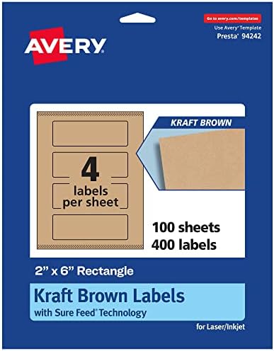 Avery® Kraft Brown Rectangle Labels, Sure Feed® Technology, 2" x 6", 400 Kraft Brown Labels, Print-to-The-Edge, Laser/Inkjet Printable
