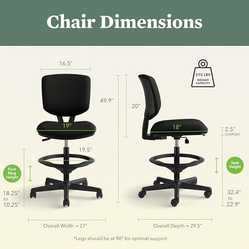 HON Volt Ergonomic Office Stool, Armless, Office Desk Computer Chair, Black