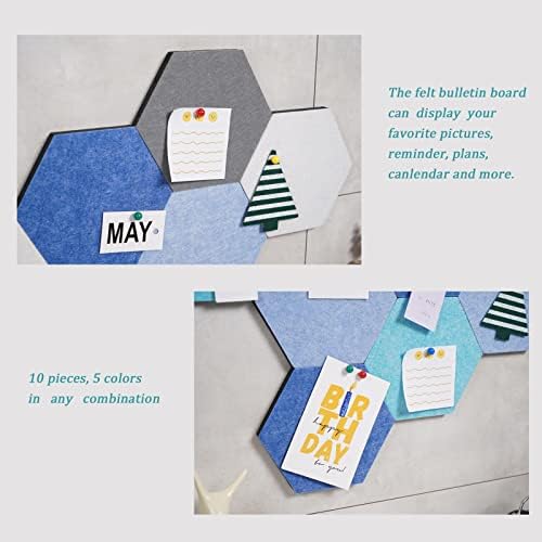 10Pcs Self Adhesive Felt Board Tiles Hexagon Bulletin Board for Walls, Felt Cork Pin Board for Pictures Photos Memos with Push Pins (Color E)