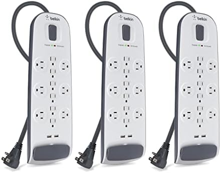 Belkin 12-Outlet USB Power Strip Surge Protector, Flat Plug, 6ft Cord (3,996 Joules), White - Pack of 3