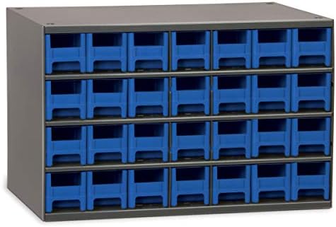 Akro-Mils Steel Garage Storage Cabinet, Small Parts Organizer Metal Cabinet for Hardware, Nails, Screws, Bolts, Nuts, and More, 17" W x 11" D x 11" H, 28-Drawer, Gray Cabinet/Blue Drawers (19228)