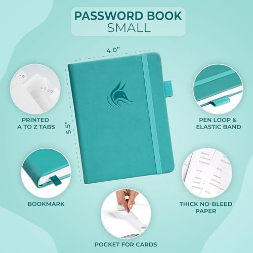 Clever Fox Password Book with Alphabetical Tabs, 4"x5.5" Keeper Turquoise