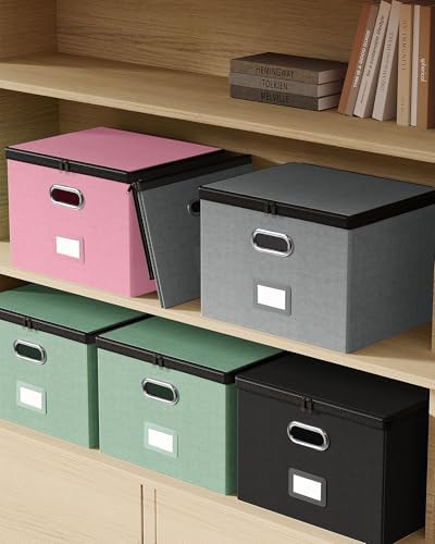 Oterri File Box Large 2-Pack Hanging Organizer for Letter/Legal-Size Folder | Dustproof Lid. 3 Mesh Pockets. Collapsible Scratch-Resistant GRS Linen. Slide Rails. Office, Home, Dorm