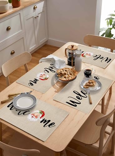 Christmas Welcome Placemats Set of 4, Santa Heat Resistant Washable Table Place Mats Farmhouse Rustic Xmas Cotton Table Linens Party Holiday Decor for Kitchen Dining Outdoor Indoor