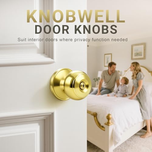 KNOBWELL 6 Pack Privacy Door Knob for Bathroom or Bedroom Door Knobs, Round Interior Door Knobs, Indoor Door Knob, Keyless Door Knob with Lock, Door Handle Lock, Polished Brass