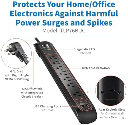 Eaton Tripp Lite Series TLP76BUC Surge Protector Power Strip with Flat Plug & USB Ports, 7 Outlets, 1500 Joules, 6ft Power Cable, Black, Manufacturer's Liftime Warranty & $25,000 Insurance