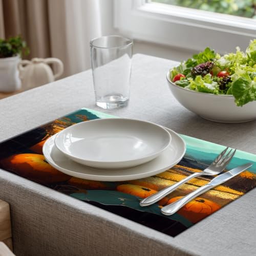 Batmerry Happy Thanksgiving Day Linen Placemats Set of 8, Pumpkin Harvest Golden Fields Villages Washable Table Mats for Kitchen Table Thickened Heat Insulation Dining Set Indoor Outdoor 12X18 in