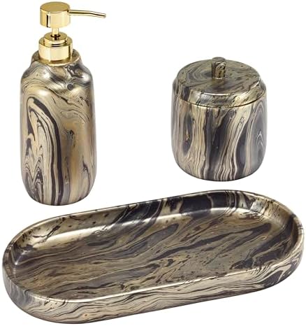 Nicole Miller - Bathroom Set, 3pc Countertop Accessories, Resin Lotion Pump/Soap Dispenser, Covered Jar, & Vanity Tray, Dorm Room Essentials (Harper Collection, Black/Gold)