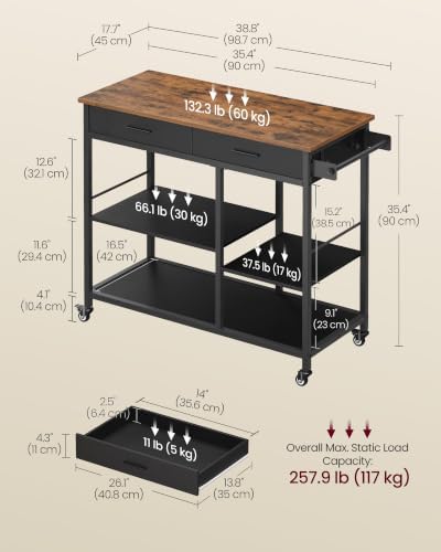 VASAGLE Kitchen Island Cart with Storage, 2 Drawers, Towel Rack | Rolling Kitchen Cart, Microcave Cart, for Kitchen, 38.8" Width, Rustic Brown and Ink Black, BARNET Collection UKKI010KD01