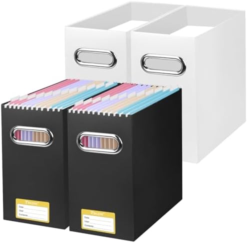BALEINE 4PK File Organizer Box, Cardboard File Folder Organizer with Handle | Strong Corrugated Paper Core, Label Stickers for Identification, Hanging File Folder Organizer, Home Office Document Storage