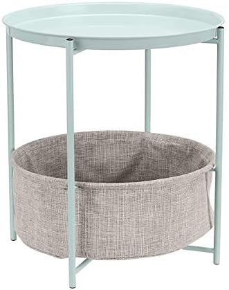 Amazon Basics Round Storage End Table, Side Table with Cloth Basket, Mint Green/Heather Gray, 18 in x 18 in x 19 in