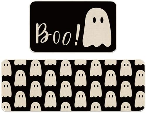 FYSUIMU Halloween Ghost Kitchen Rugs Set of 2 Black Ghost Boo Kitchen Floor Mat Non-Slip Spooky Bathroom Rugs Cute Halloween Kitchen Decor for Party Home, 17 x 29 Inch & 17 x 47 Inch
