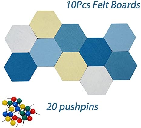 10Pcs Self Adhesive Felt Board Tiles Hexagon Bulletin Board for Walls, Felt Cork Pin Board for Pictures Photos Memos with Push Pins (Color B)