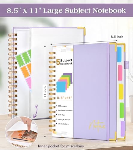 Spiral Notebook Journal with Removable Dividers Tabs, 300 Pages Hardcover Leather 5 Subject College Ruled Notebook, 8.5"x11" Large A4 Lined Journal for Women, Spiral Notebooks for Work School, Purple