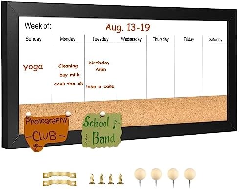 Magnetic Weekly Whiteboard and Cork Board, Black Wood Frame, 16" x 8"