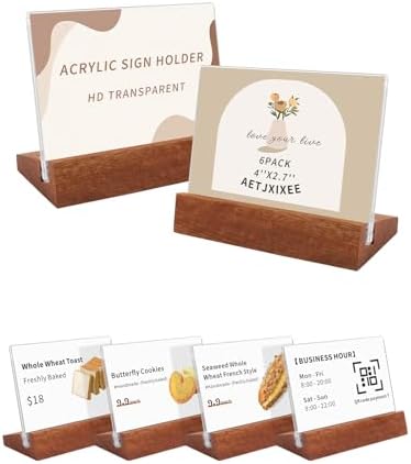 6 Pack Small Acrylic Sign Holder with Wood Base 3.94x2.76 Inch, L-Shape