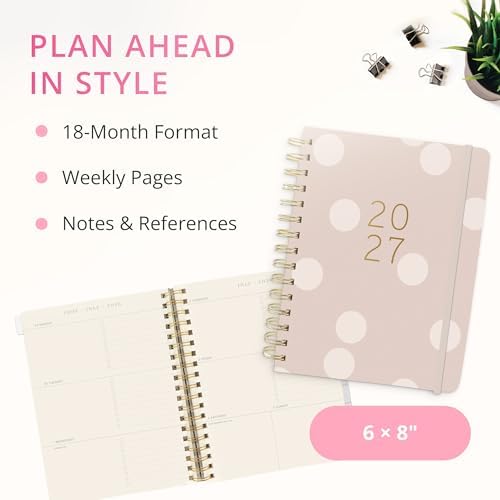 Graphique Polka Dot 18 Month Planner, July 2026 – Dec. 2027, Hardbound Spiral Planner with Monthly Tabs, Holidays & Reminder Stickers, 6” x 8”