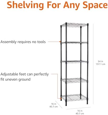 Amazon Basics 5-Shelf Tower Adjustable Storage Shelving Unit for Garage, Rust-Resistant Steel, 150 lbs Per Shelf, 16"W x 16"D x 54"H, Black