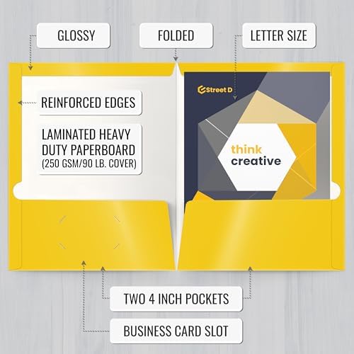 Better Office Products 2 Pocket Glossy Laminated Yellow Paper Folders, Letter Size, 25-Pack, Yellow Paper Portfolios, Box of 25