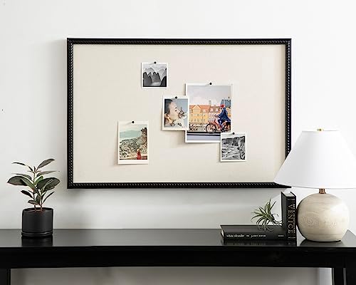Kate and Laurel Makenna Framed Linen Fabric Pinboard; 24 x 36; Black; Traditional Beaded Bulletin Board for Vintage Home Wall Organization or Aspirational Vision Board