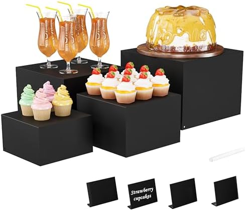 Metal Buffet Risers,4PCS Food Risers for Buffet Table 5in to 8in Display Stand with Mini Acrylic Signs for Catering Dessert Collectibles Jewelry Figures Show Matte Black Cube Boxes Nesting Risers with Hollow Bottoms