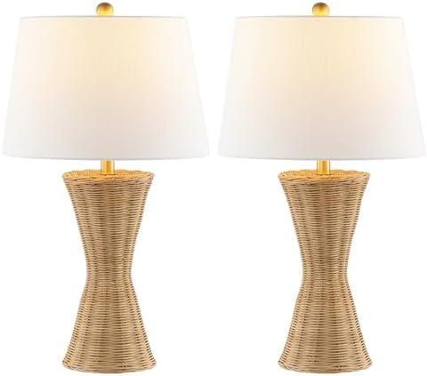 JONATHAN Y Laura Table Lamp 27" Rattan Hourglass, Natural, Set of 2