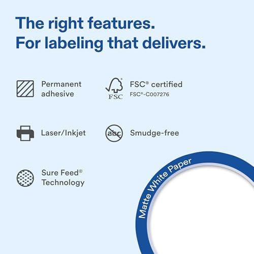 Avery Matte White Rectangle Labels, 2" x 1", Sure Feed Technology, Laser/Inkjet Printer Compatible, 10000 Printable Labels Total, Great for Branding, Packaging, and More