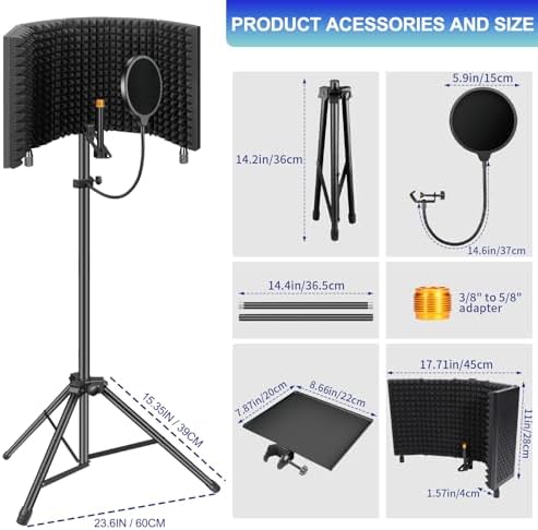 Dmsky Microphone Isolation Shield with Pop Filter & Tripod Stand, Foldable Mic Shield with Triple Sound Insulation, High Density Mic Sound Shield for Recording Studio, Podcasts, Singing, Broadcasting