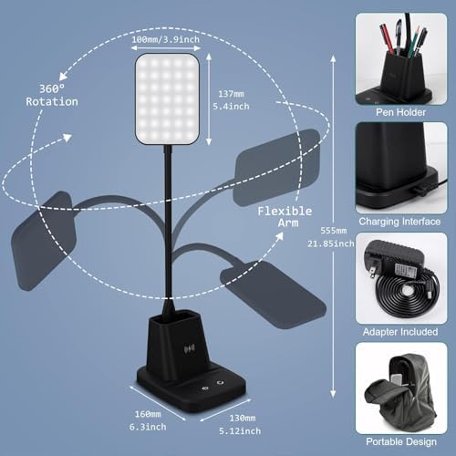 LED Desk Lamp with 10W Wireless Charging & Pen Holder, Black