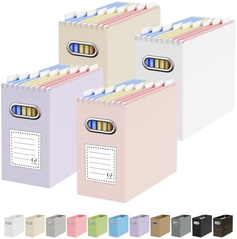 Oterri Portable Collapsible Cardboard File Box with Handle for Letter-Size | 4-Pack. Stainless Steel Handle. Label Stickers Included. Fits Letter Folders (Not Included). Home, Office, School, Dorm, Tax.