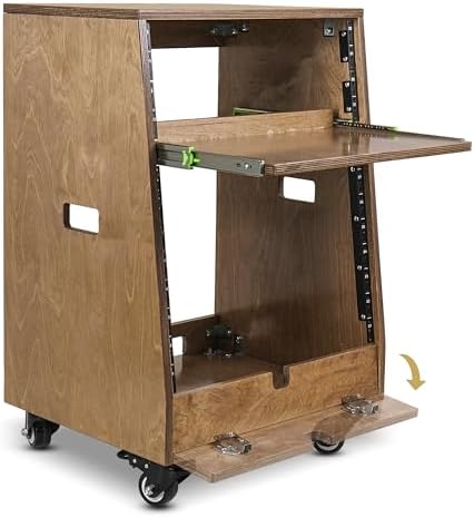Sound Town DIY Slanted 12U Studio Rack (4U Top + 8U Lower), with 2U Bottom Storage, Slide-Out Tray, Caster, Plywood, Weathered Brown for Recording Room, Home Studio (SDRK-ST12TB)