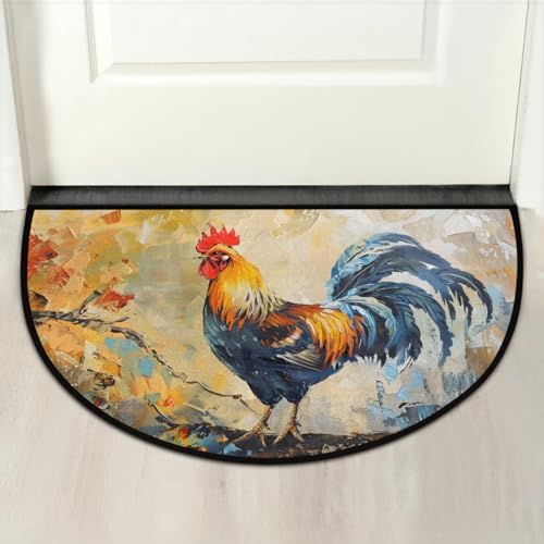 Pardick Vintage Rooster Farmhouse Half Round Door Mat, Non-Slip Welcome Indoor Entrance Way Rug Semi Circle Front Doormats Washable Bathroom Kitchen Floor Mat, Outdoor Rugs for Patio, Hearth Rug
