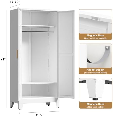 Washsemba 71'' Farmhouse Metal Wardrobe Cabinet with Hanging Rod, 2 Barn Door Wardrobe Closet with 2 Adjustable Shelves,for Dining Room,Bedroom,Living Room, Cloak Room,Office (White)