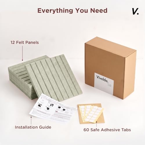 VIVELDA Large Felt Bulletin Board 48 x 36 Inch - 12-Pack Square Acoustic Wall Panels, Cork Board Alternative, NRC 0.95, Damage-Free Adhesive, Slatted Design for Home, Classroom (Sage)