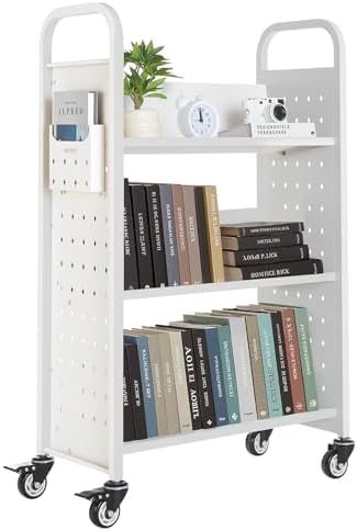 VEVOR Rolling Library Book Cart, 330 lbs Capacity, 30.3 x 15 x 48.0-Inch Library Cart, Single Sided V-Shaped Shelves with 3-Inch Lockable Wheels, Book Truck for Home Shelves Office and School, White