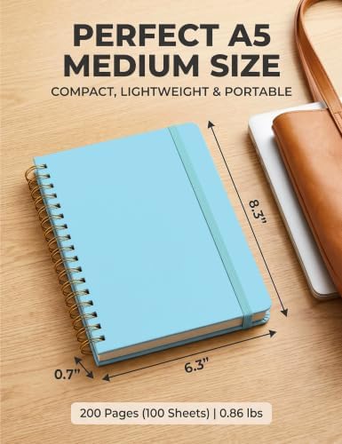 5 Pack Hardcover Spiral Notebooks, 8.3" x 6.3" Lined Journal Set, 100 GSM Bleed-Resistant Paper, 200 Pages Twin-Wire Bound Notebook with Elastic Band & Category Stickers for Office, School