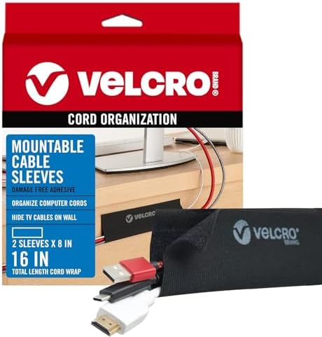 VELCRO Brand Mountable Cable Sleeve, Black, 8 in, 2 Pack