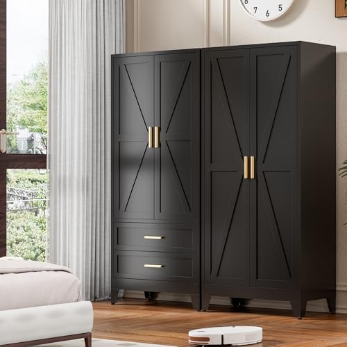 Washsemba 71'' Farmhouse Metal Wardrobe Cabinet with Hanging Rod, 2 Barn Door Wardrobe Closet with 5 Adjustable Shelves,Drawer,for Dining Room,Bedroom,Living Room, Cloak Room,Office (Black)